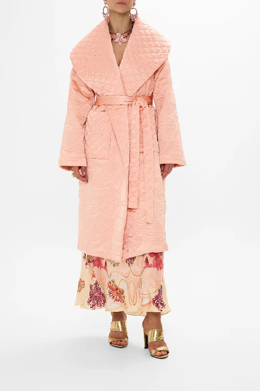 QUILTED LONG WRAP COAT BLOSSOMS AND BRUSHSTROKES