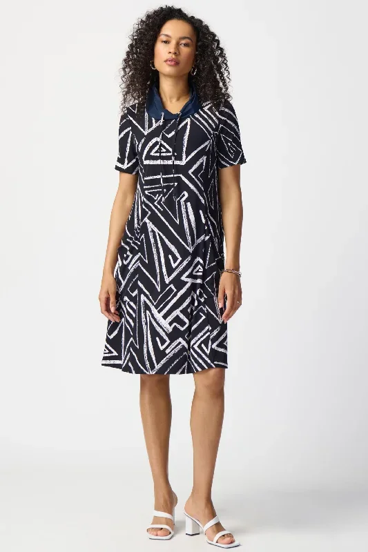 GEO PRINT DRAWSTRING NECK DRESS