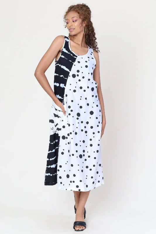 BLACK WHITE DOTS DRESS WITH POCKET