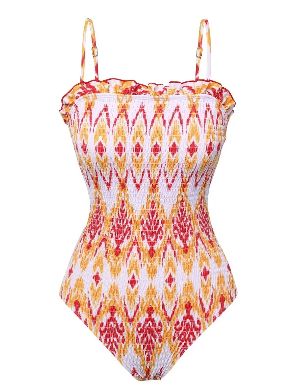 1960s Chevron Smocking Strap Bandeau Swimsuit