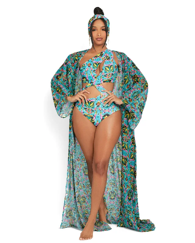 The Mondrian Teal Abstract Water Color Kimono