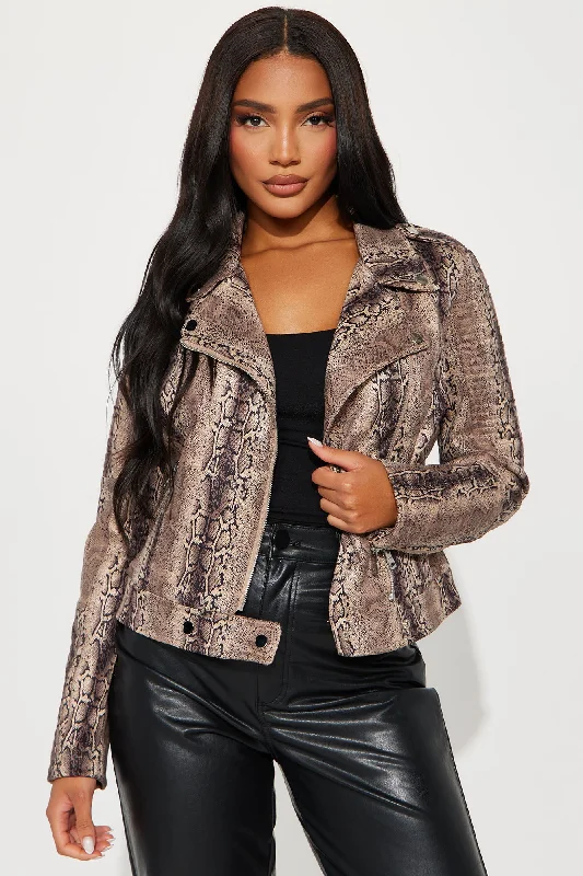 Beatrix Snake Print Moto Jacket - Brown/combo