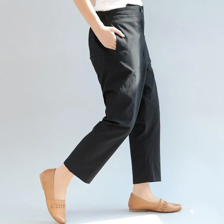 black brief cotton high waist pants elastic waist loose slim casual trousers