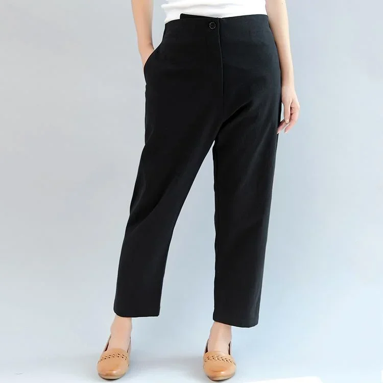 black-brief-cotton-high-waist-pants-elastic-waist-loose-slim-casual-trousers