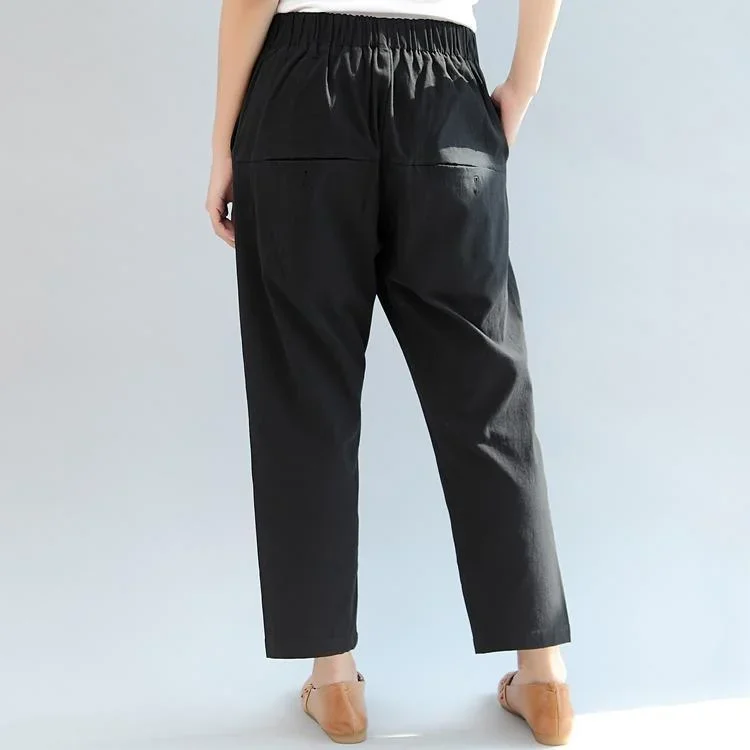 black-brief-cotton-high-waist-pants-elastic-waist-loose-slim-casual-trousers