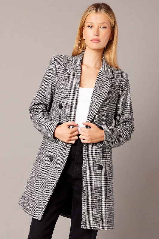 Black Check Coat Longline Collared Long Sleeve