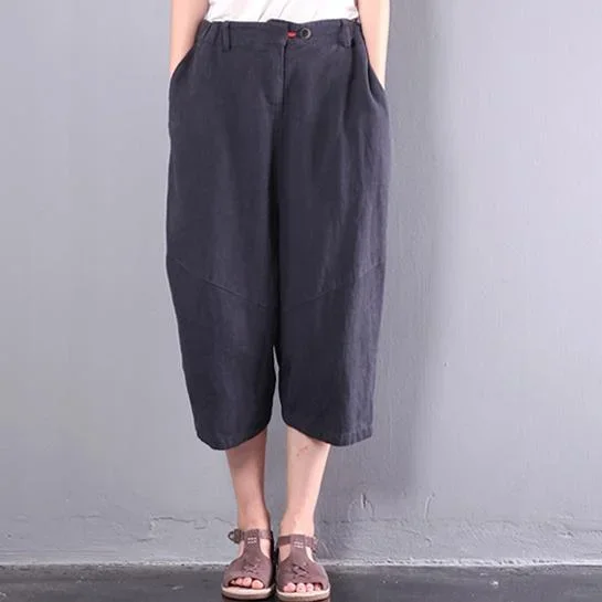 black fashion linen crop pant plus size casual wide leg pants