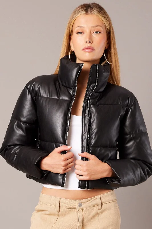 Black Jacket Zip Thru Long Sleeves Faux Leather