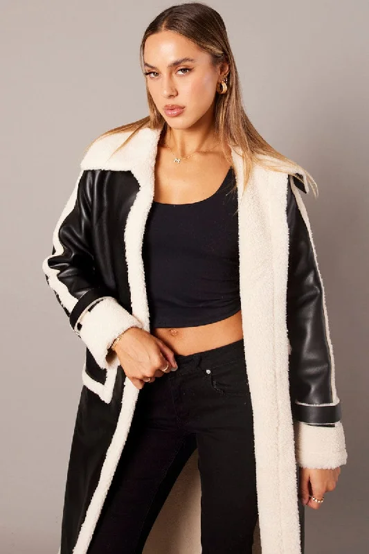 Black Long Coat Shearling Lined Faux Leather