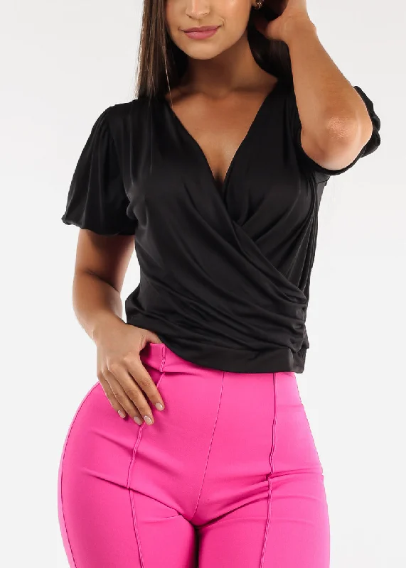 Black Short Puff Sleeve Surplice Top