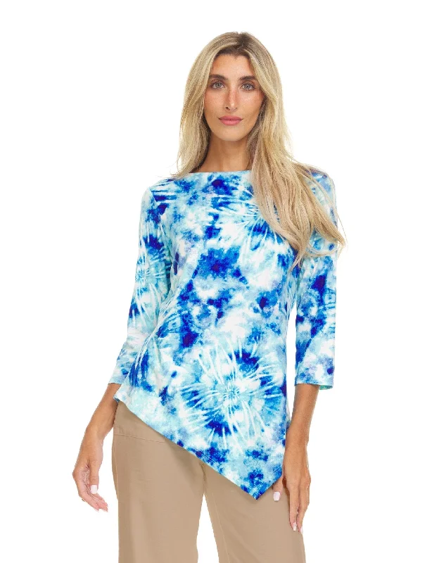 blue-ivory-tye-dye-3-4-sleeeve-asymetrical-hem-top