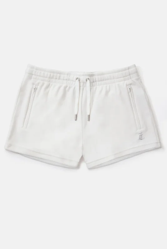 BRIGHT WHITE VELOUR DIAMANTE TRACK SHORTS