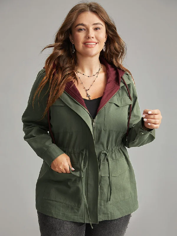 Contrast Hooded Drawstring Flap Pocket Coat