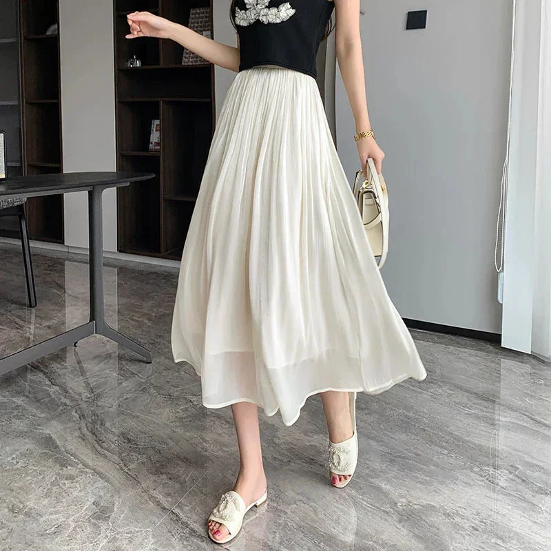 FashionSierra - 2024 New Spring Summer Women Tulle Solid Color Elastic High Waist Pleated Ladies Temperament Skirt