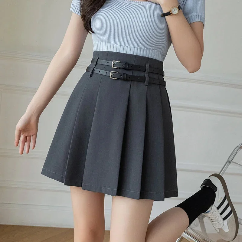 FashionSierra - 2024 New Spring Summer Fashion Pleated Mini Women Belt High Waist A-line Suit Ladies Casual Short Skirt