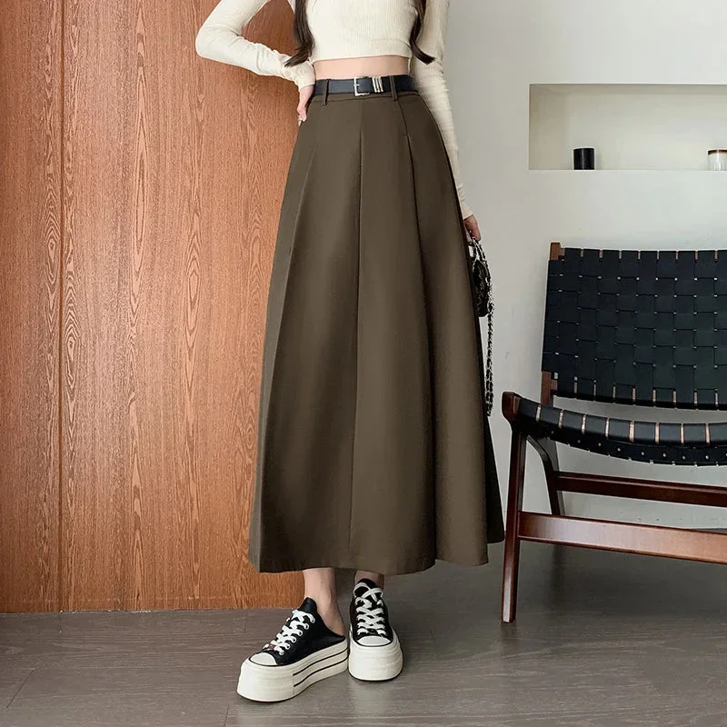 FashionSierra - 2024 Spring Summer New High Waist A-line Pleated Long Korean Office Lady Fashion Midi Woman Casual Suit Skirt