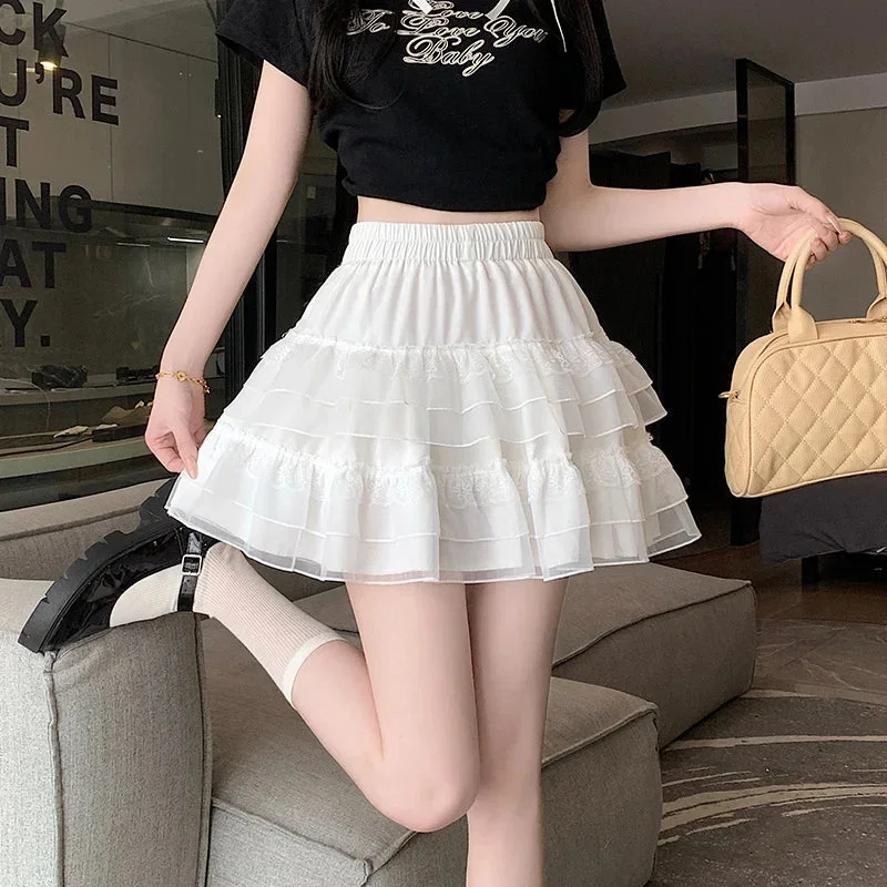 FashionSierra - Lace Fairy Wind 2024 New Summer High Waist Tulle Mini Pleated Sweet Woman Cute A-line Tutu Skirt