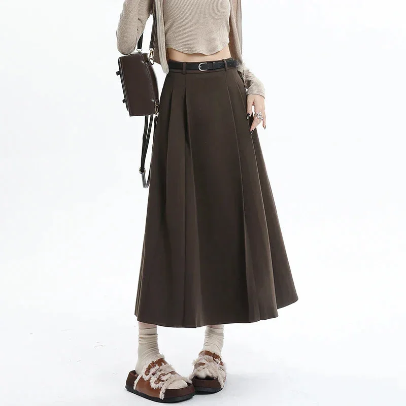 Woolen Pleated Womens 2024 New Autumn Winter Wool High Waist Ladies Elegant A-line Long Skirt