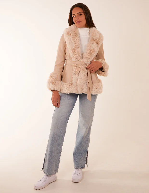 cream-faux-fur-pu-coat-with-belt