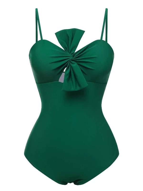 Dark Green 1940s Bow Spaghetti Strap Swimsuit