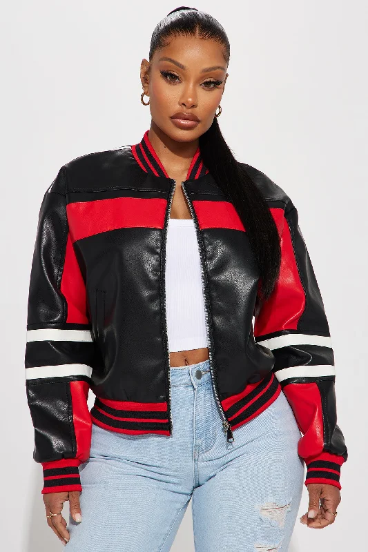 Detroit Faux Leather Bomber Jacket - Black/Red