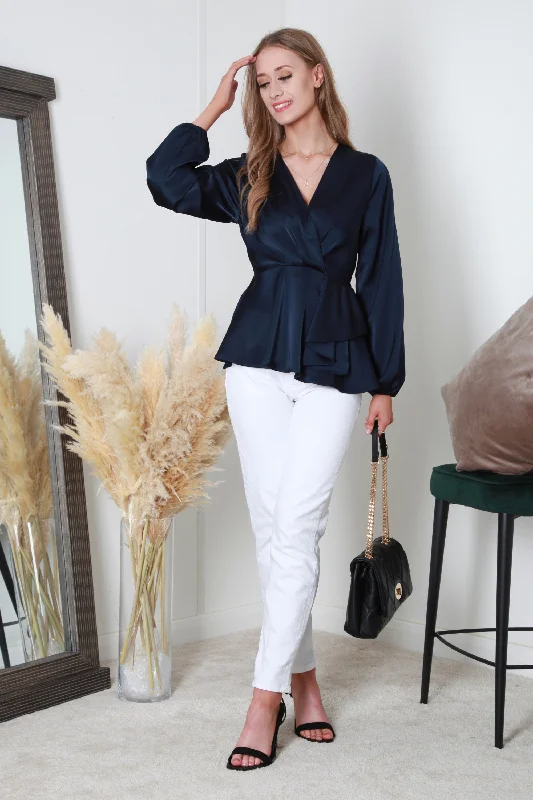 Double Second Navy Wrap Frill Front Satin Top