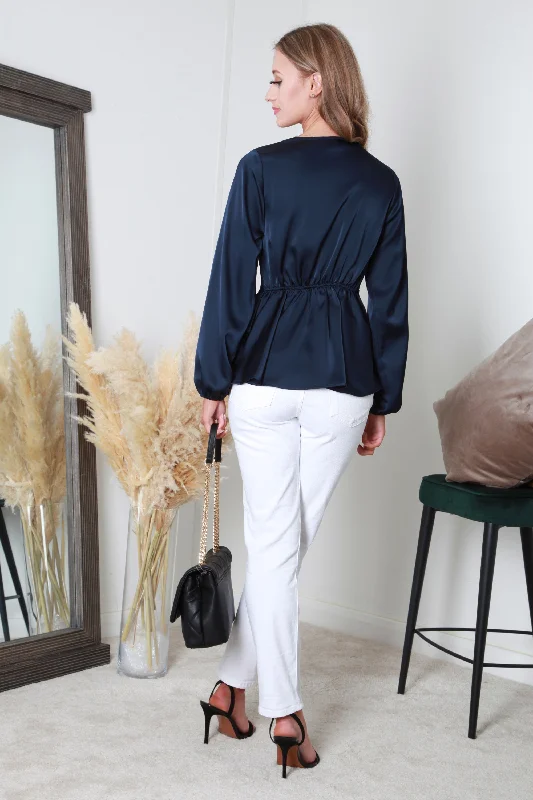 double-second-navy-wrap-frill-front-satin-top