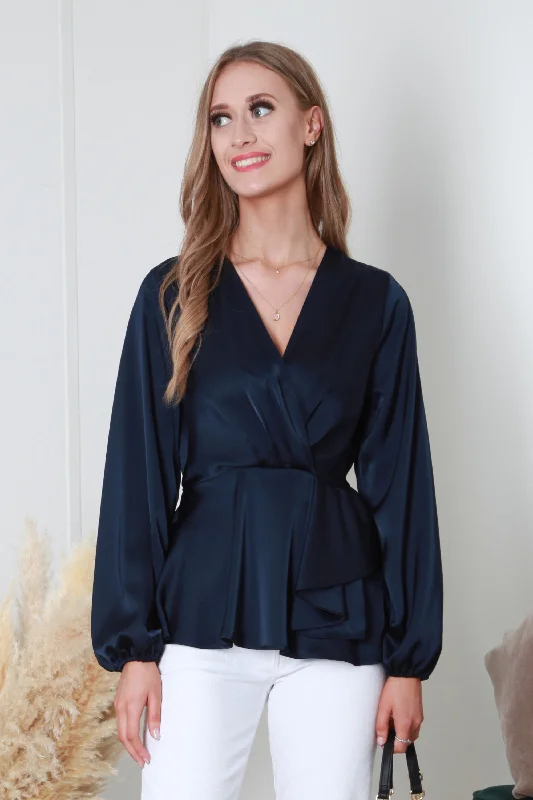 double-second-navy-wrap-frill-front-satin-top