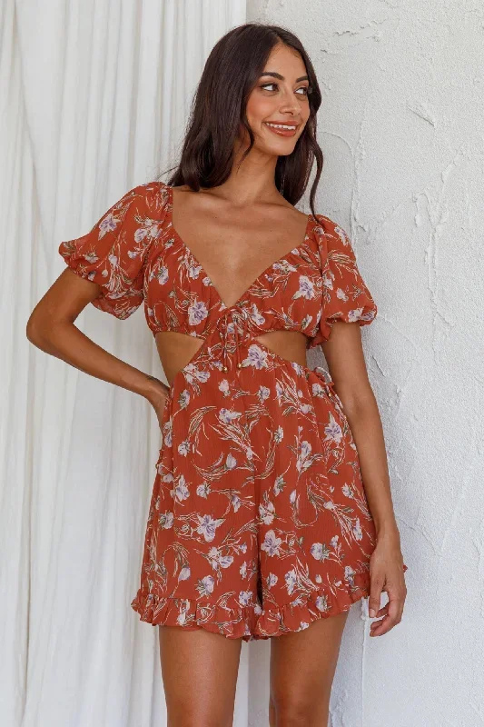 Fancy Free Cut-Out Waist Romper Floral Rose