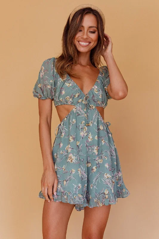 Fancy Free Cut-Out Waist Romper Floral Sage