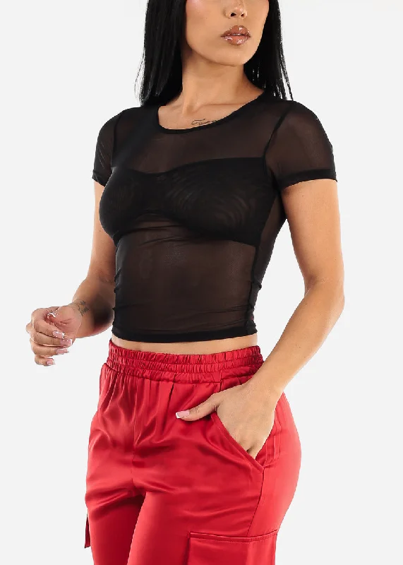 Fitted Short Sleeve Black Mesh Top