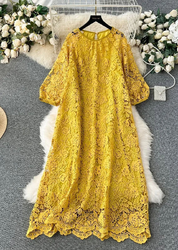 French Yellow O Neck Hollow Out Lace Dresses Summer