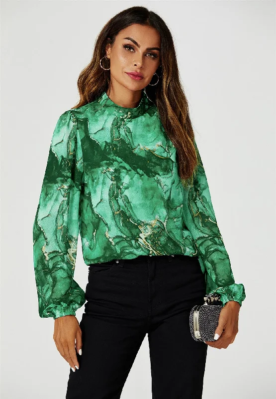 FS Collection Marble Print Long Sleeve High Neck Top In Light Green