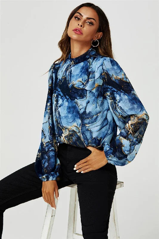 FS Collection Marble Print Long Sleeve High Neck Top In Navy