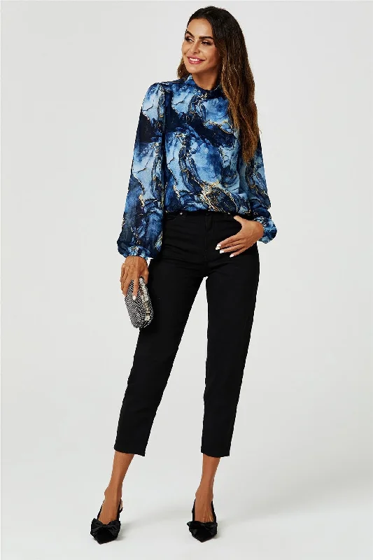 fs-collection-marble-print-long-sleeve-high-neck-top-in-navy