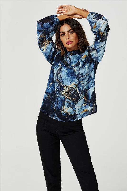 fs-collection-marble-print-long-sleeve-high-neck-top-in-navy