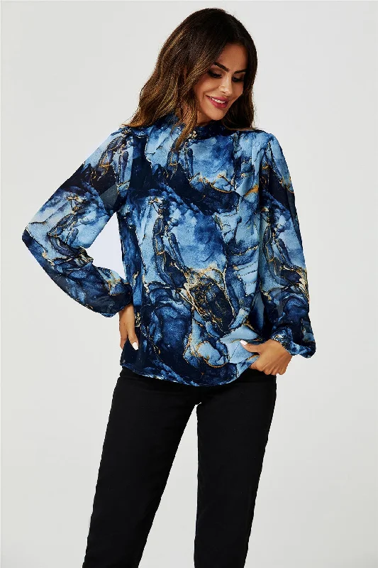 fs-collection-marble-print-long-sleeve-high-neck-top-in-navy