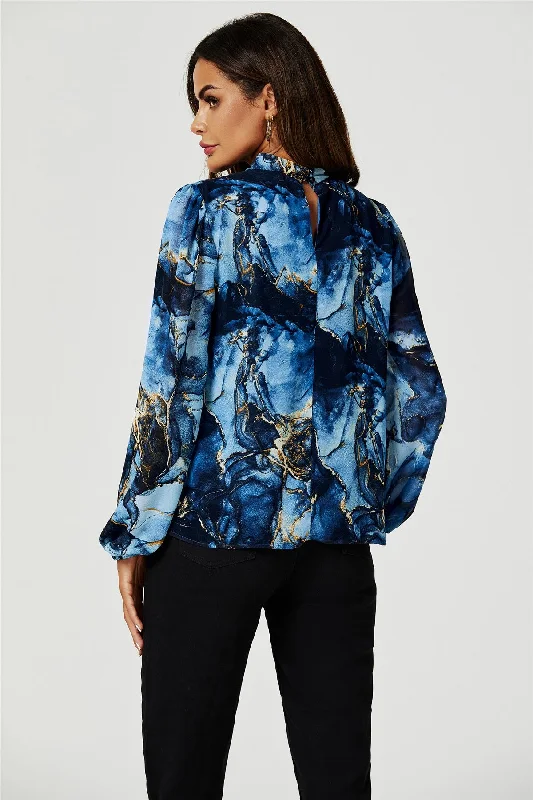 fs-collection-marble-print-long-sleeve-high-neck-top-in-navy