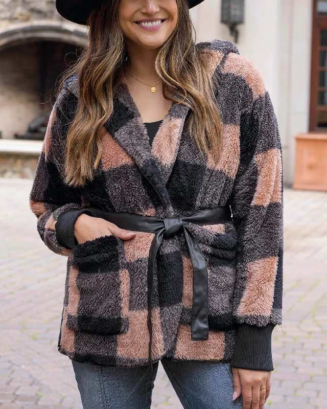 Fuzzy Fleece Tan/Black Buffalo Plaid Wrap Jacket