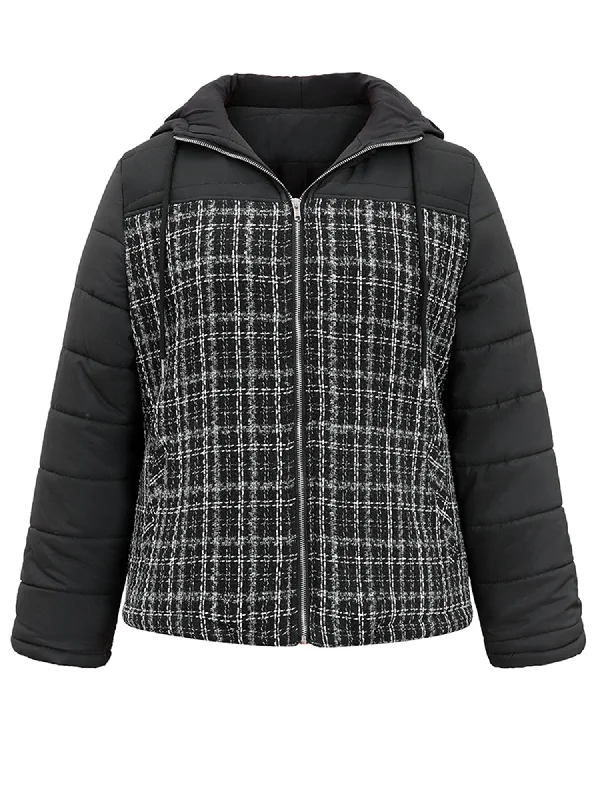 gingham-tweed-patchwork-hooded-drawstring-jacket