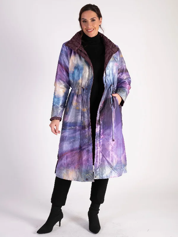 Grape/Watercolour Quilted Reversible Zip Long Coat