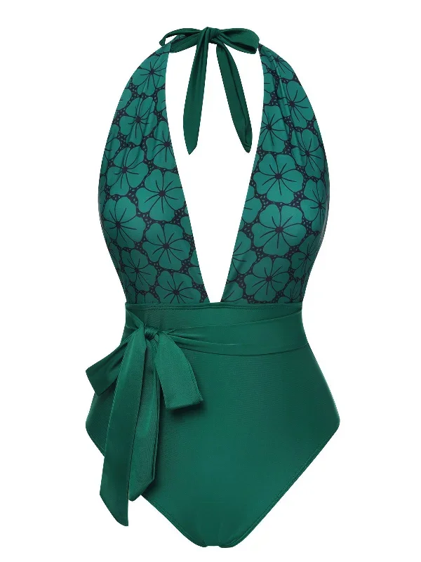 Green 1940s Floral Deep V-Neck Halter Swimsuit