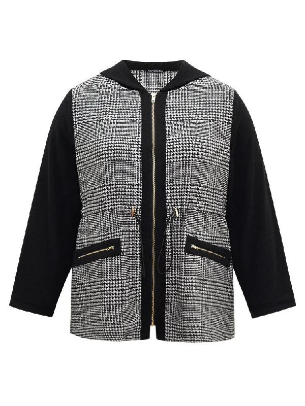 houndstooth-patchwork-zipper-drawstring-coat