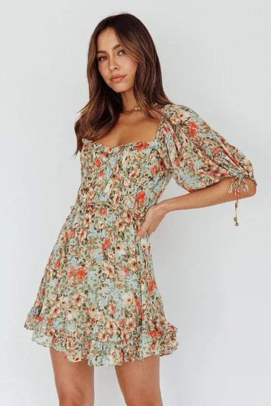 Kirra Puff Sleeve Ruched Bodice Dress Floral Green