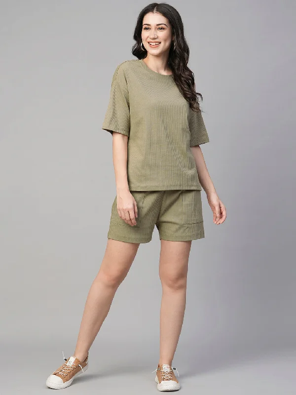 Women's Khaki Cotton Elastane Regular Fit Knit Shorts