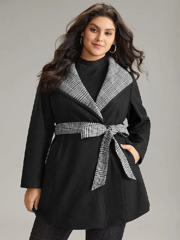 Lapel Collar Patchwork Belted Contrast Coat