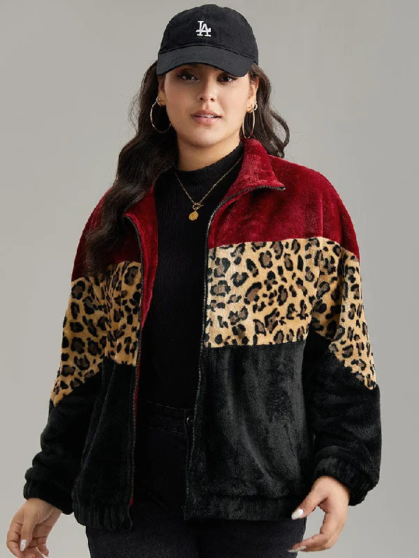 Leopard Colorblock Contrast Zipper Jacket