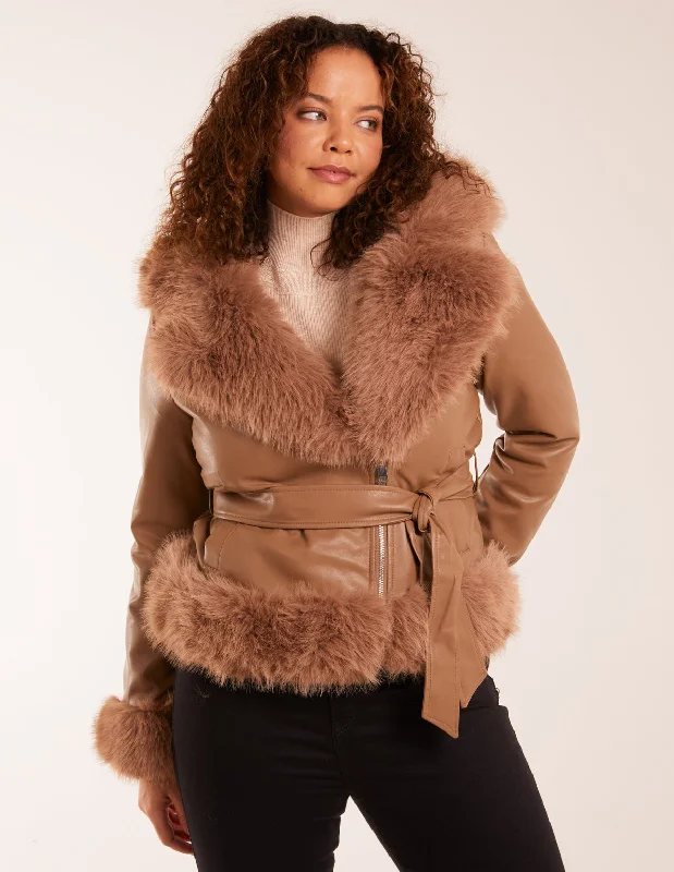 Faux Fur Cropped Leather Look Jacket