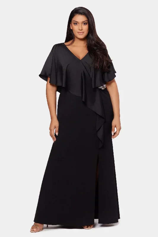 Long Crepe Ruffle Front Dress