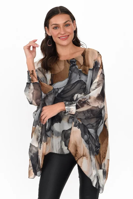 Lonnie Black Abstract Silk Layer Top